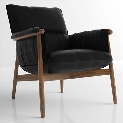 Black Leather Leisure Chair With Walnut Wooden Frame And Modern Minimalist Design 3d model