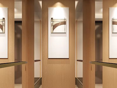 Elegant Elevator Interior With Wooden Paneling Decorative Paintings And Warm Lighting 3d model