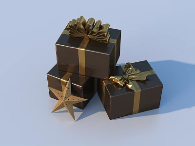 Decorative Ornament Set Featuring Brown Gift Boxes Gold Ribbon Bowknot And Star Ornament 3d model
