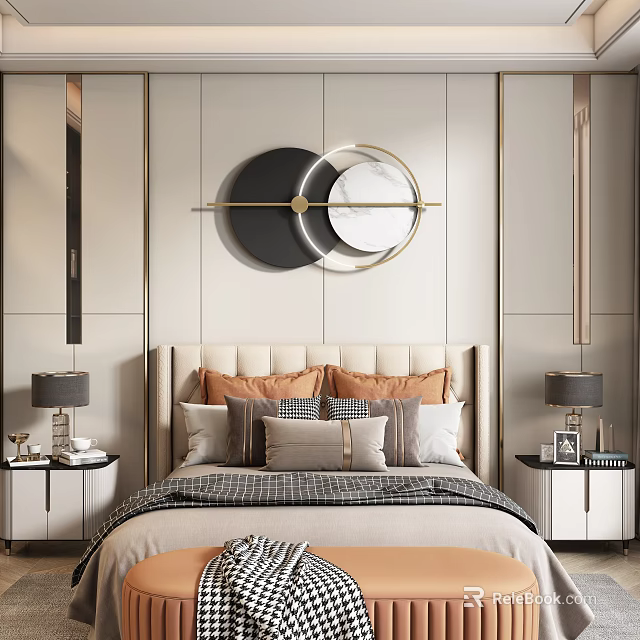 Modern Background Double Bed Interior With Headboard Pillows Nightstands Table Lamps And Wall Decor 3d model 