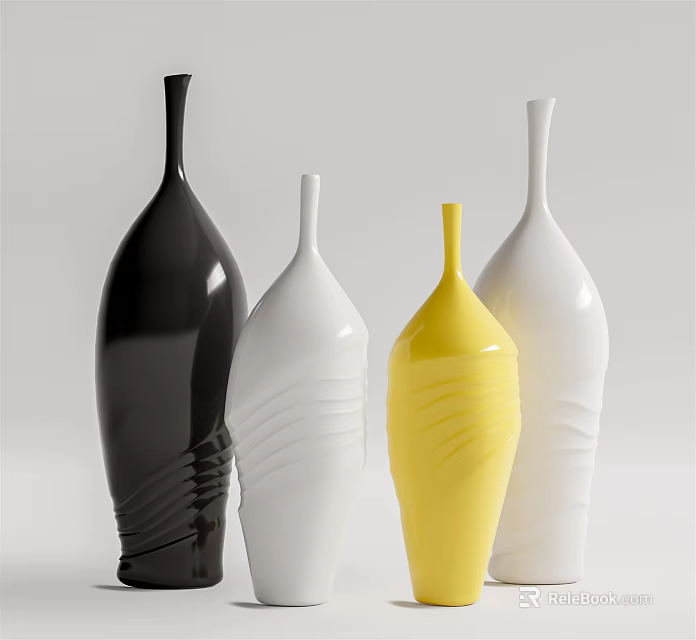 Modern Curved Vases In Black White Yellow For Fresh Flower Arrangement 3d model 