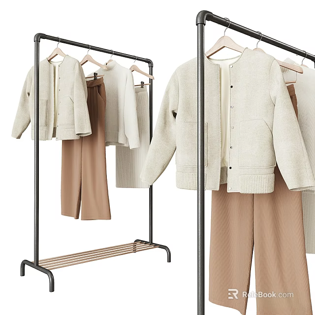 Stylish Beige Knit Sweaters With Brown Pants Hanging On Metal Clothing Rack 3d model 