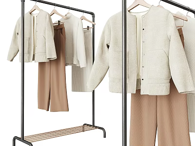Stylish Beige Knit Sweaters With Brown Pants Hanging On Metal Clothing Rack 3d model
