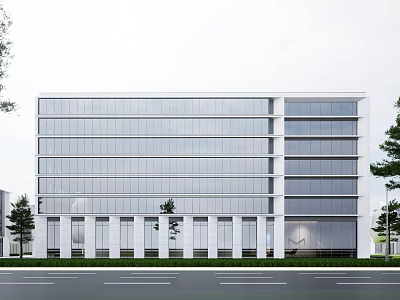Modern Industrial Factory Building Exterior Design With Multi Storey Large Glass Windows And Trees 3d model