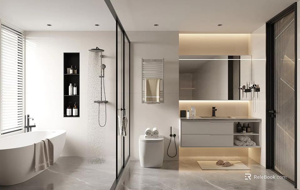 Modern Bathroom Interior With Glass Shower Freestanding Bathtub Vanity And Illuminated Mirror 3d model 