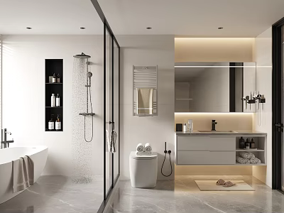 Modern Bathroom Interior With Glass Shower Freestanding Bathtub Vanity And Illuminated Mirror 3d model