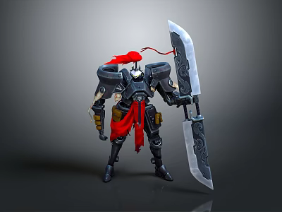 Detailed 3D Warrior Figure in Black Armor With Giant Sword and Red Cape 3d model