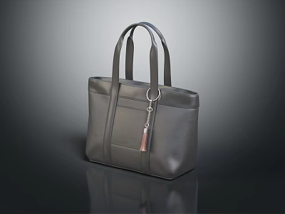 Gray Leather Tote Handbag With Double Handles Front Pocket And Tassel Charm 3d model