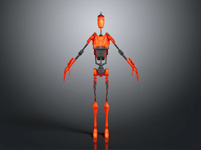 Orange Robot With Slender Limbs And Black Joints Standing On Gray Background 3d model