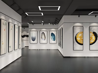 Art Gallery Exhibition Hall With Paintings On White Walls Square Lights And Dark Floor 3d model