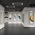 Art Gallery Exhibition Hall With Paintings On White Walls Square Lights And Dark Floor