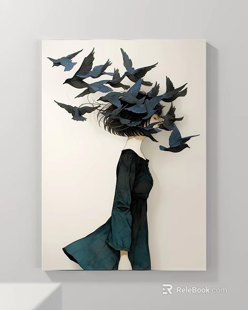 Abstract Painting of Woman in Black Dress with Flying Black Birds on White Background 3d model 