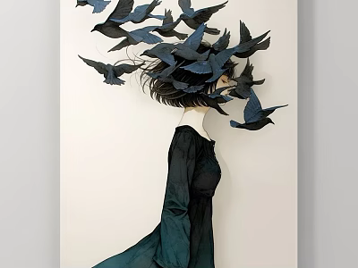 Abstract Painting of Woman in Black Dress with Flying Black Birds on White Background 3d model