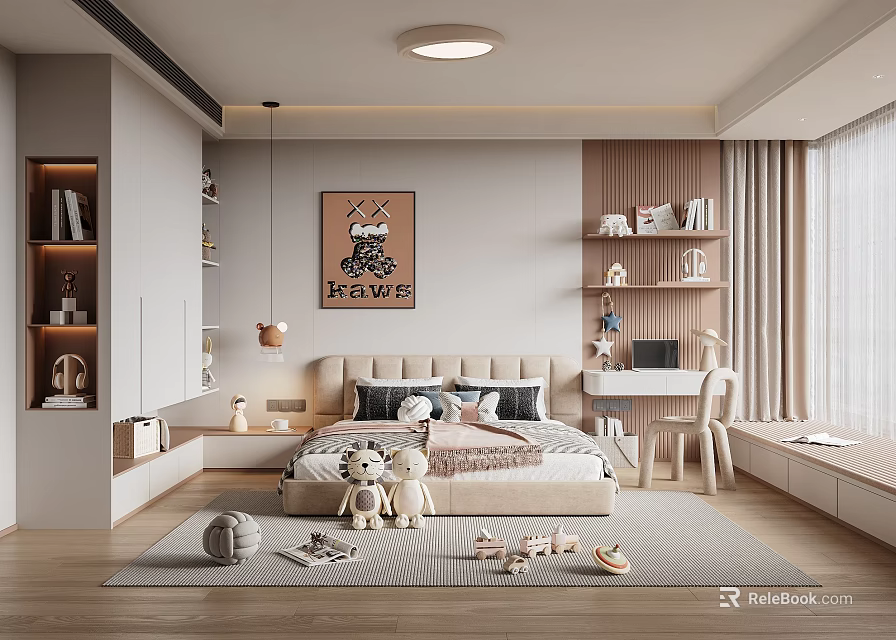 Cozy Modern Kids Bedroom With Toys Bookshelves And Study Desk 3d model 