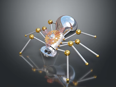 Mechanical Spider Featuring Metal Legs Golden Spheres Gear Components And Reflective Surface Design 3d model