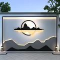 Modern Outdoor Feature Wall With Mountain Pattern Circular Design And LED Lighting 3d model