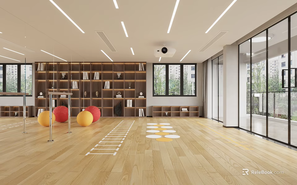 Bright Fitness Studio with Yoga Balls Wooden Floor Mirror Walls Bookshelves and Windows 3d model 