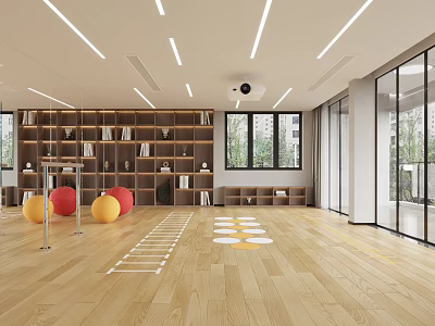 Bright Fitness Studio with Yoga Balls Wooden Floor Mirror Walls Bookshelves and Windows 3d model