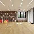Bright Fitness Studio with Yoga Balls Wooden Floor Mirror Walls Bookshelves and Windows