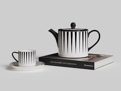 Modern Tea Set With Black And White Stripes Teapot Cup And Saucer On Book 3d model