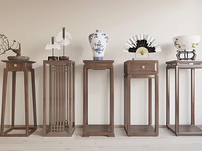 Wooden Plant Stands With Various Designs And Decorative Vases Fans Plants 3d model