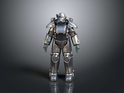 Detailed Silver Metallic Robot With Full Body Armor Standing In Reflective Surface 3d model