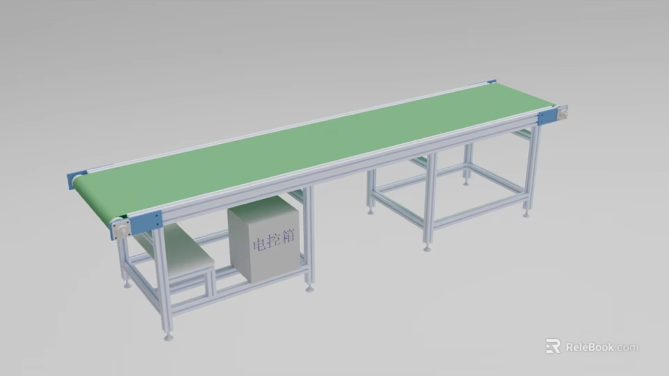 Industrial Conveyor Belt Equipment With Green Surface Metal Frame And Control Box For Production Line 3d model 
