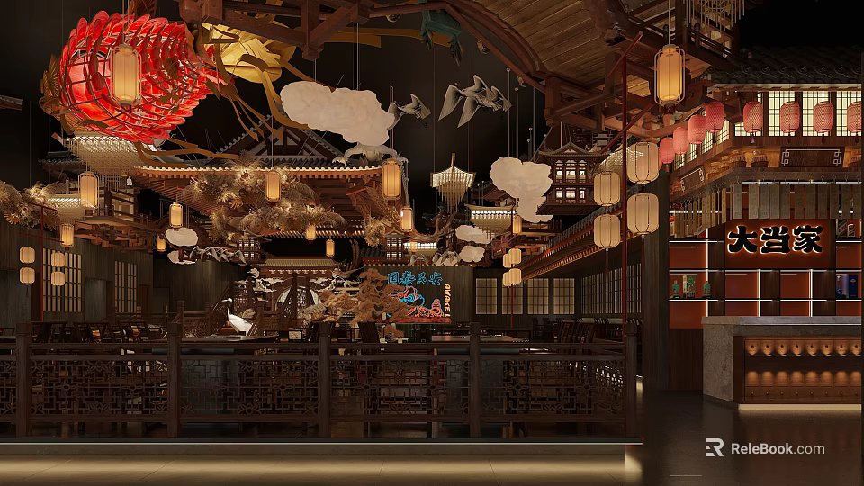 Traditional Chinese Style Hotpot Restaurant Interior with Red Lanterns Wooden Structure Cloud Flying Bird Decor 3d model 