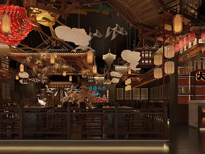 Traditional Chinese Style Hotpot Restaurant Interior with Red Lanterns Wooden Structure Cloud Flying Bird Decor 3d model