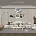 Elegant Living Room Interior With Beige Sofa White Coffee Table Decorative Paintings Wainscoting And Chandelier