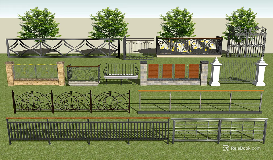 Various Wrought Iron And Metal Fence Designs With Decorative Patterns On Green Lawn 3d model 