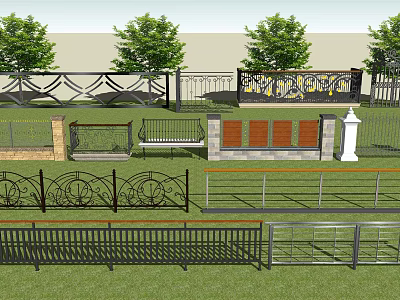 Various Wrought Iron And Metal Fence Designs With Decorative Patterns On Green Lawn 3d model