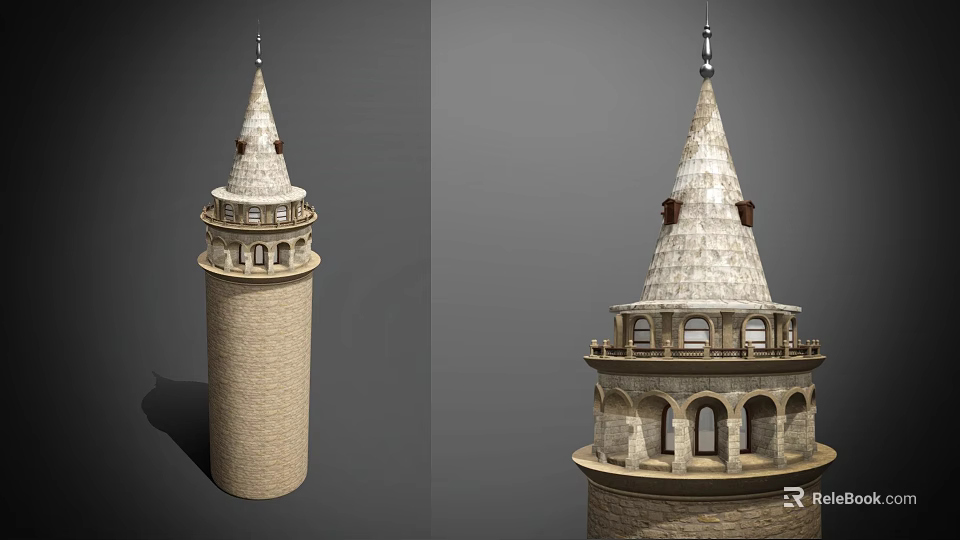 Historic Stone Tower Featuring Pointed Spire Arched Windows And Balcony Design Details 3d model 