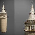 Historic Stone Tower Featuring Pointed Spire Arched Windows And Balcony Design Details
