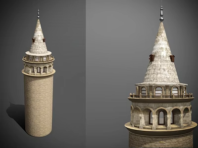 Historic Stone Tower Featuring Pointed Spire Arched Windows And Balcony Design Details 3d model