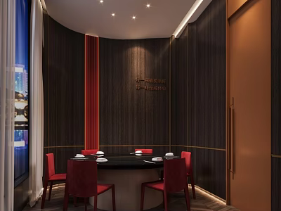 Elegant Private Dining Room Interior With Black Round Table Red Chairs And Night View Windows 3d model