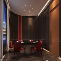 Elegant Private Dining Room Interior With Black Round Table Red Chairs And Night View Windows