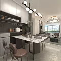 Modern Living And Dining Room Interior With Gray Sofa Chandelier Artwork And TV Wall