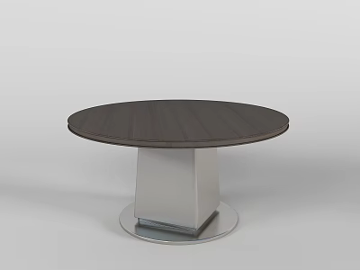 Modern Minimalist Round Dining Table With Dark Wood Grain Top And Silver Metal Base 3d model