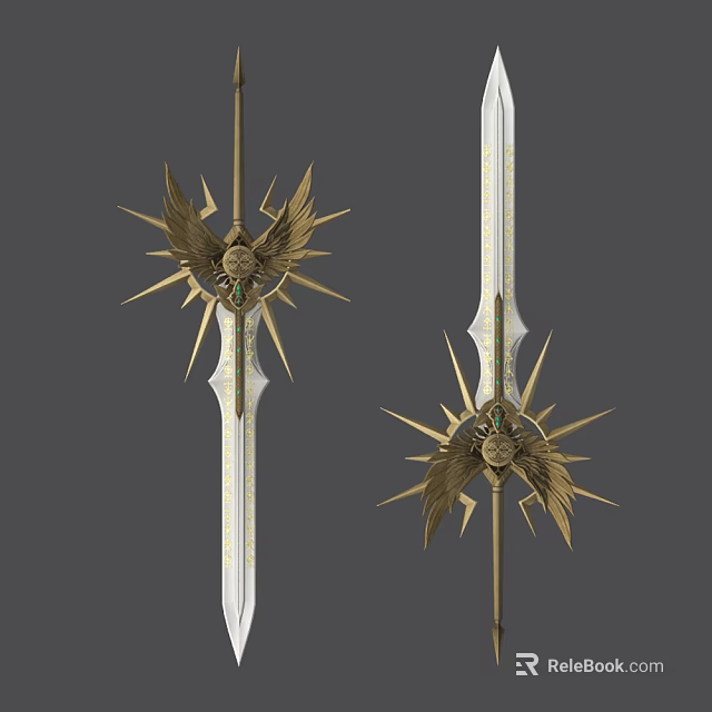 Ornate Golden Winged Sword With Star Shaped Guard And Intricate Details 3d model 