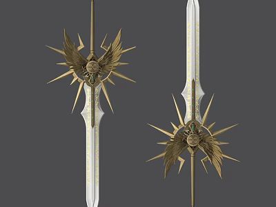 Ornate Golden Winged Sword With Star Shaped Guard And Intricate Details 3d model