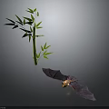 Realistic Flying Bat With Spread Wings Near Green Bamboo Plant On Dark Gray Background