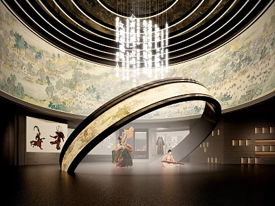 Cultural Center Interior Featuring Circular Structure Mural Paintings Hanging Chandelier And Art 3d model