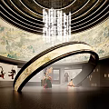 Cultural Center Interior Featuring Circular Structure Mural Paintings Hanging Chandelier And Art