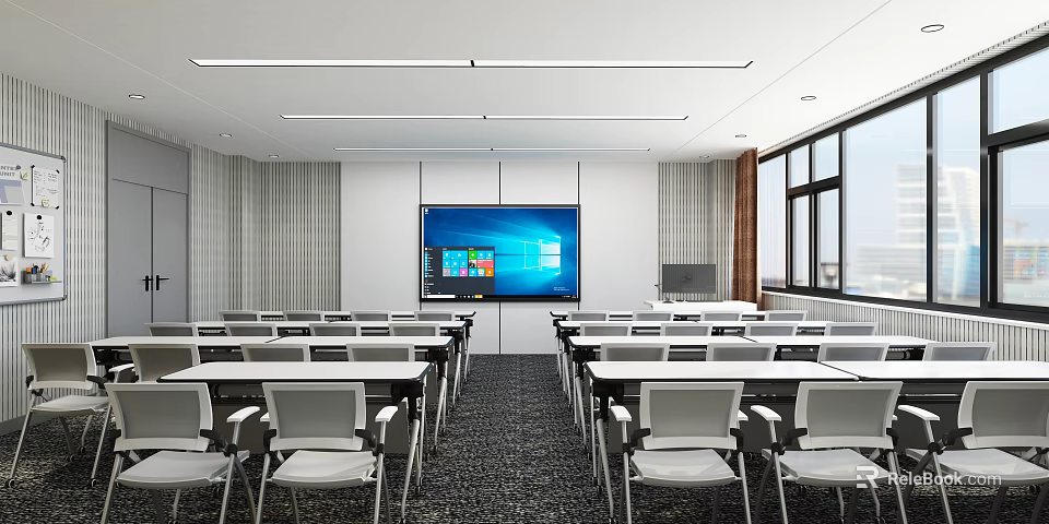 School Modern Classroom With Desks Screens And Windows 3d model