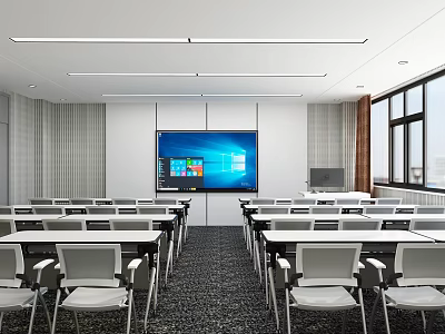 School Modern Classroom With Desks Screens And Windows 3d model