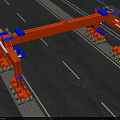 Orange Gantry Crane With Multiple Wheels And Blue Components On Road 3d model