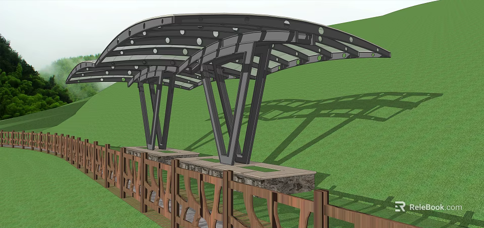 Modern Metal Pergola With Curved Roof And Circular Decorations By Wooden Fence On Green Lawn 3d model 