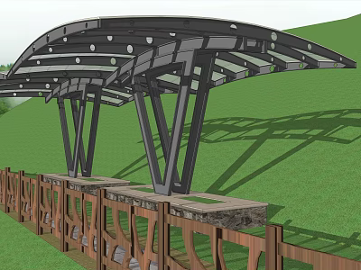 Modern Metal Pergola With Curved Roof And Circular Decorations By Wooden Fence On Green Lawn 3d model