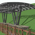 Modern Metal Pergola With Curved Roof And Circular Decorations By Wooden Fence On Green Lawn